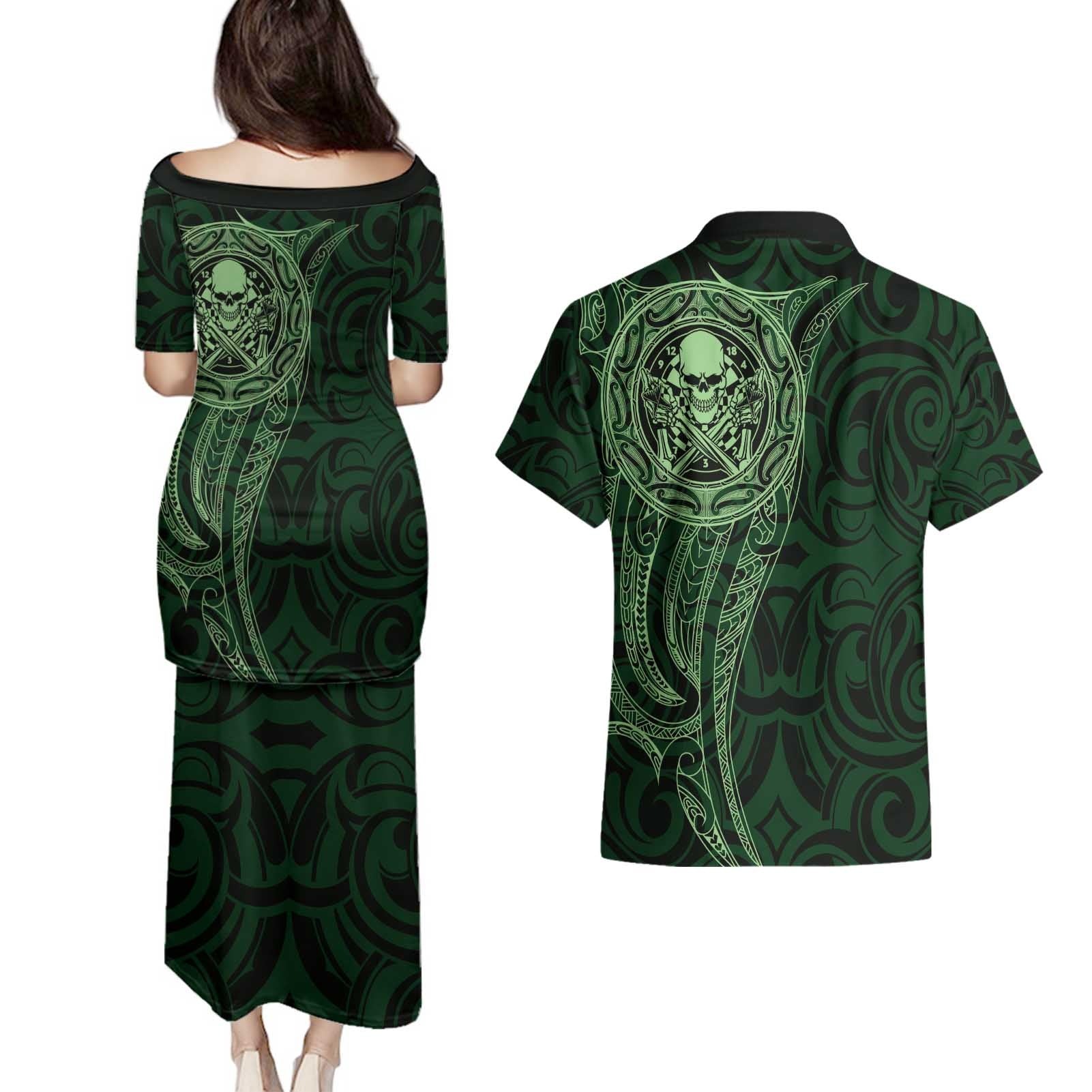 New Zealand Skull Darts Couples Matching Puletasi and Hawaiian Shirt Aotearoa Maori Chest Tattoo Stylized Green - Aussie Hoodie