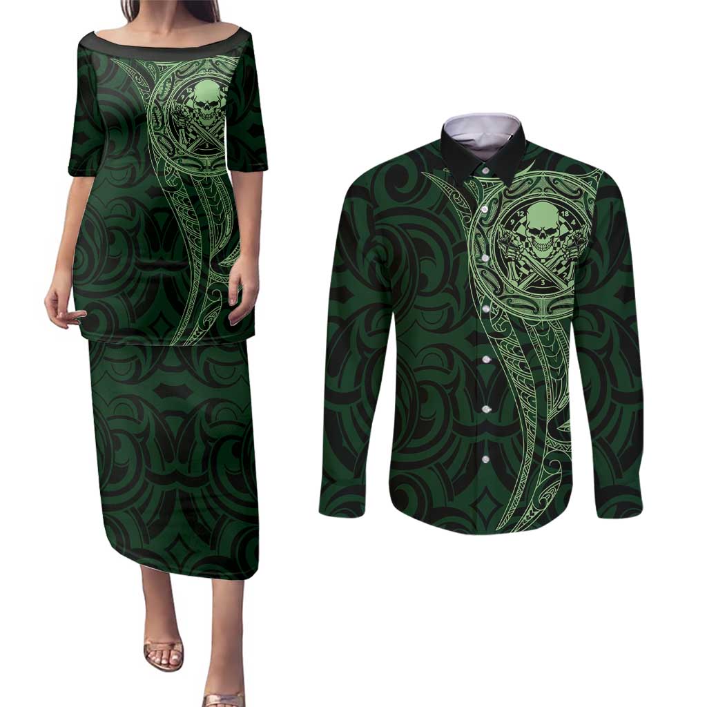 New Zealand Skull Darts Couples Matching Puletasi and Long Sleeve Button Shirt Aotearoa Maori Chest Tattoo Stylized Green - Aussie Hoodie