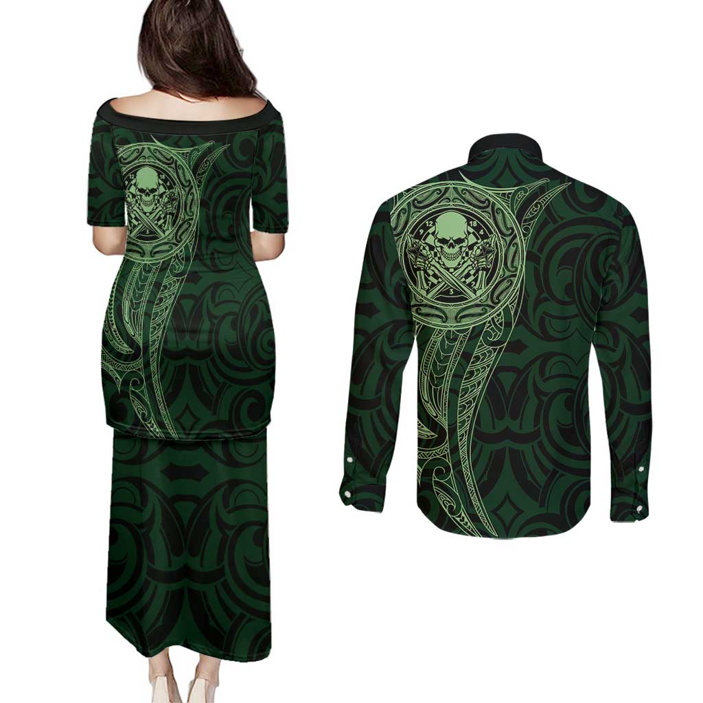 New Zealand Skull Darts Couples Matching Puletasi and Long Sleeve Button Shirt Aotearoa Maori Chest Tattoo Stylized Green - Aussie Hoodie