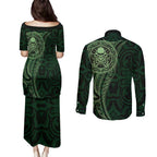 New Zealand Skull Darts Couples Matching Puletasi and Long Sleeve Button Shirt Aotearoa Maori Chest Tattoo Stylized Green - Aussie Hoodie