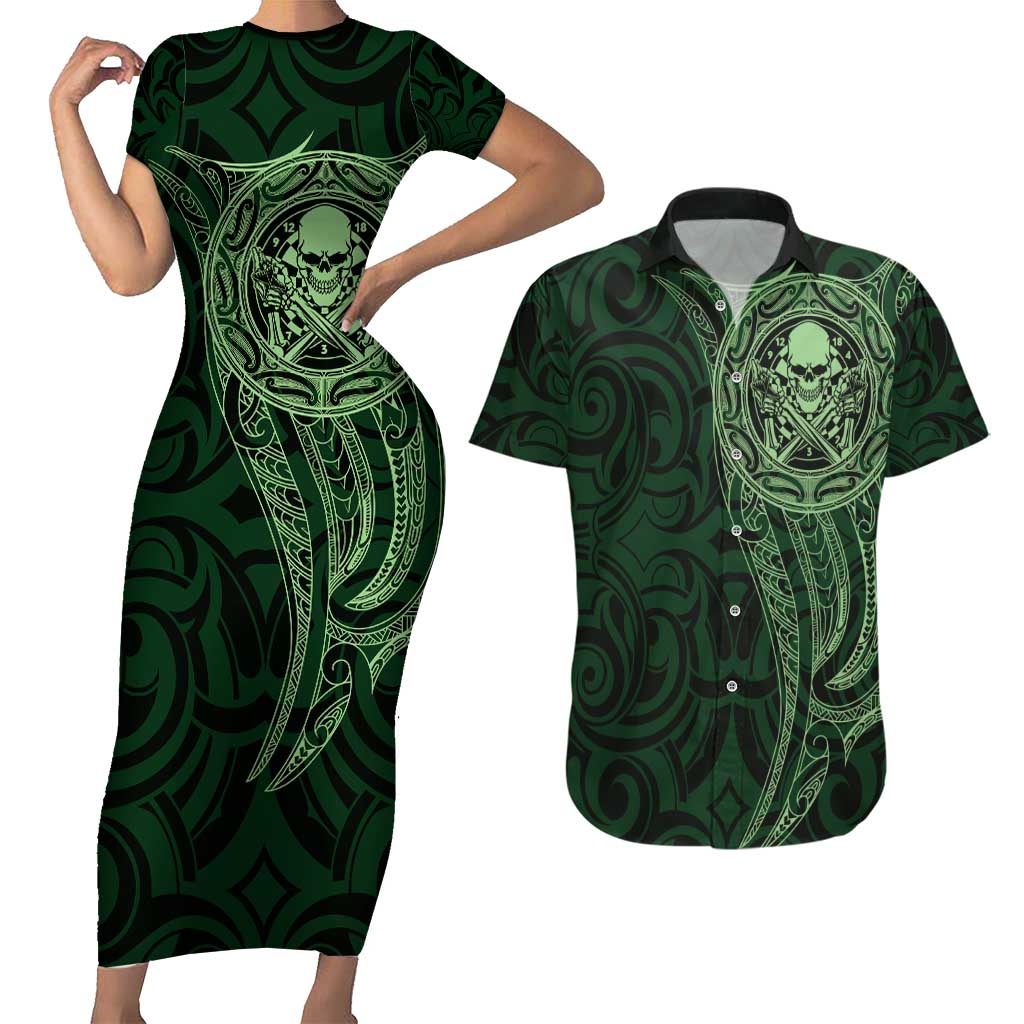 New Zealand Skull Darts Couples Matching Short Sleeve Bodycon Dress and Hawaiian Shirt Aotearoa Maori Chest Tattoo Stylized Green - Aussie Hoodie