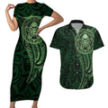 New Zealand Skull Darts Couples Matching Short Sleeve Bodycon Dress and Hawaiian Shirt Aotearoa Maori Chest Tattoo Stylized Green - Aussie Hoodie