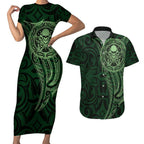 New Zealand Skull Darts Couples Matching Short Sleeve Bodycon Dress and Hawaiian Shirt Aotearoa Maori Chest Tattoo Stylized Green - Aussie Hoodie