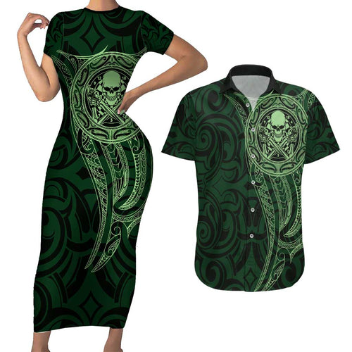 New Zealand Skull Darts Couples Matching Short Sleeve Bodycon Dress and Hawaiian Shirt Aotearoa Maori Chest Tattoo Stylized Green - Aussie Hoodie