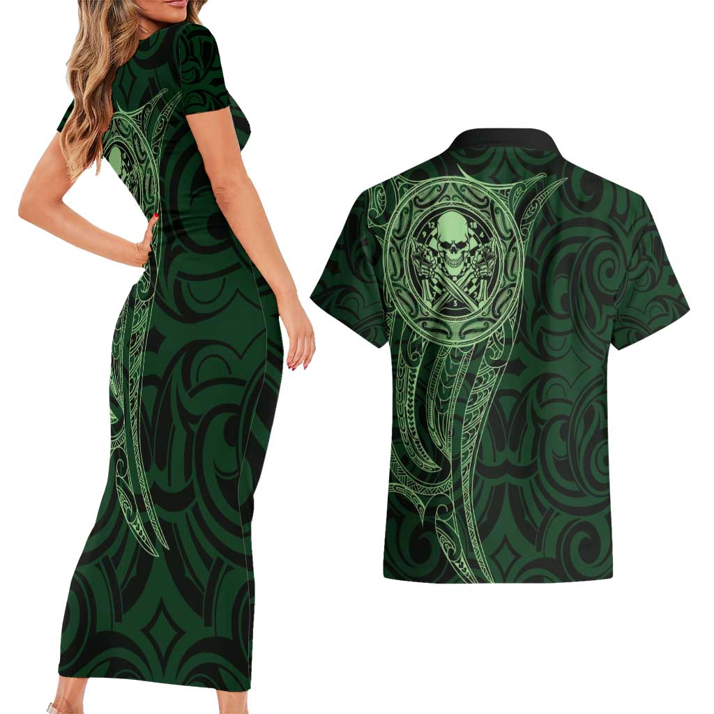 New Zealand Skull Darts Couples Matching Short Sleeve Bodycon Dress and Hawaiian Shirt Aotearoa Maori Chest Tattoo Stylized Green - Aussie Hoodie