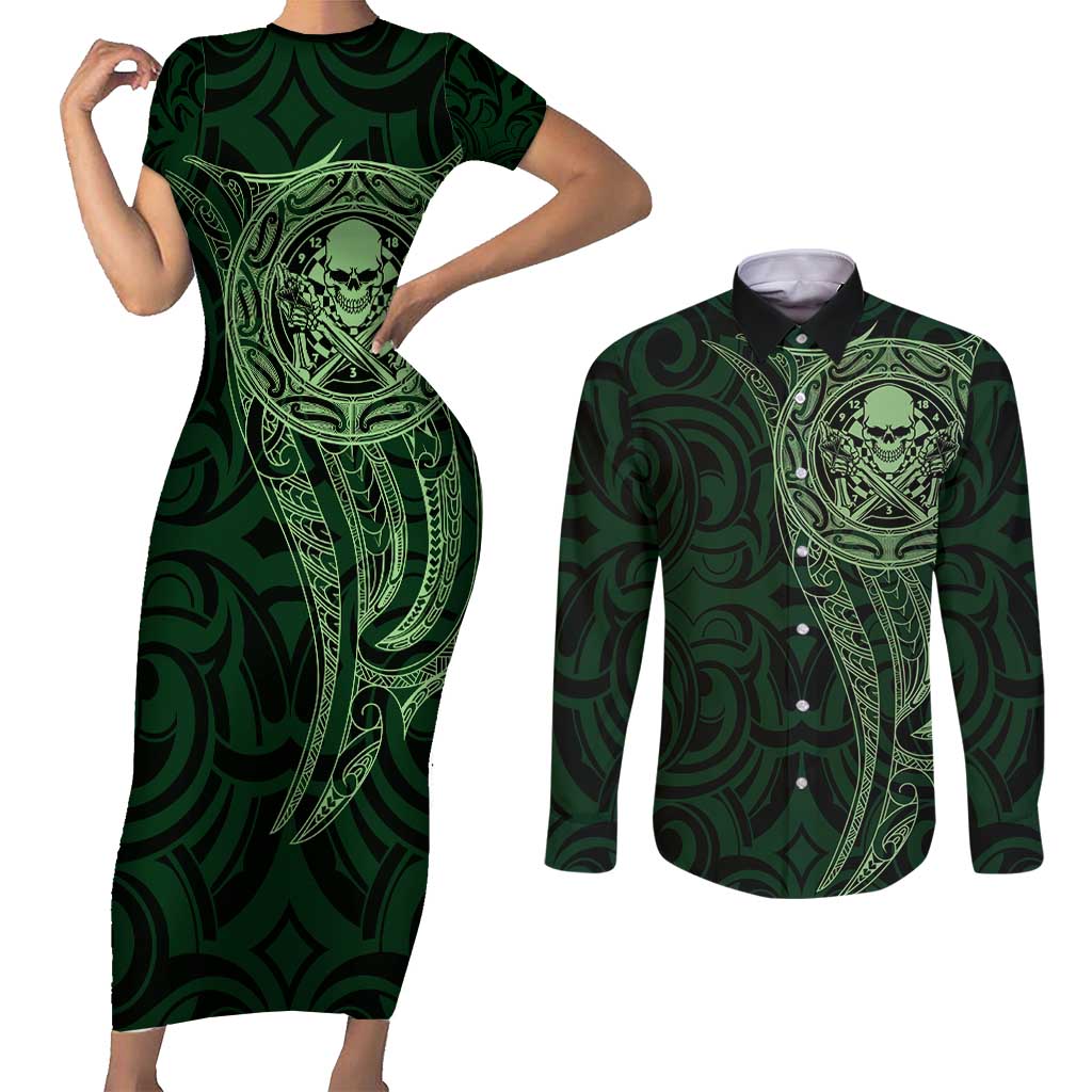 New Zealand Skull Darts Couples Matching Short Sleeve Bodycon Dress and Long Sleeve Button Shirt Aotearoa Maori Chest Tattoo Stylized Green - Aussie Hoodie