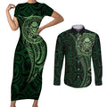 New Zealand Skull Darts Couples Matching Short Sleeve Bodycon Dress and Long Sleeve Button Shirt Aotearoa Maori Chest Tattoo Stylized Green - Aussie Hoodie