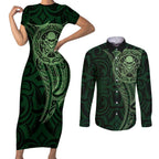 New Zealand Skull Darts Couples Matching Short Sleeve Bodycon Dress and Long Sleeve Button Shirt Aotearoa Maori Chest Tattoo Stylized Green - Aussie Hoodie