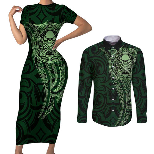 New Zealand Skull Darts Couples Matching Short Sleeve Bodycon Dress and Long Sleeve Button Shirt Aotearoa Maori Chest Tattoo Stylized Green - Aussie Hoodie