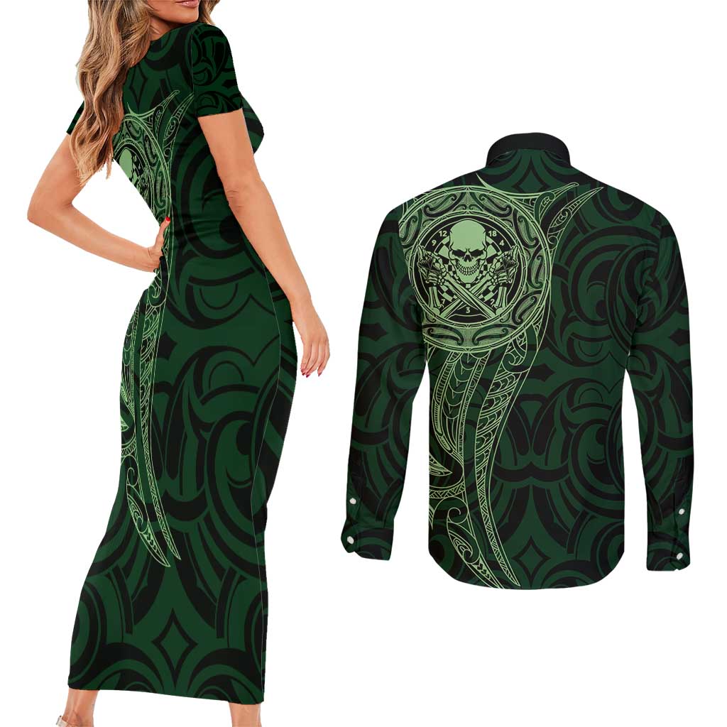 New Zealand Skull Darts Couples Matching Short Sleeve Bodycon Dress and Long Sleeve Button Shirt Aotearoa Maori Chest Tattoo Stylized Green - Aussie Hoodie