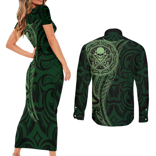 New Zealand Skull Darts Couples Matching Short Sleeve Bodycon Dress and Long Sleeve Button Shirt Aotearoa Maori Chest Tattoo Stylized Green - Aussie Hoodie