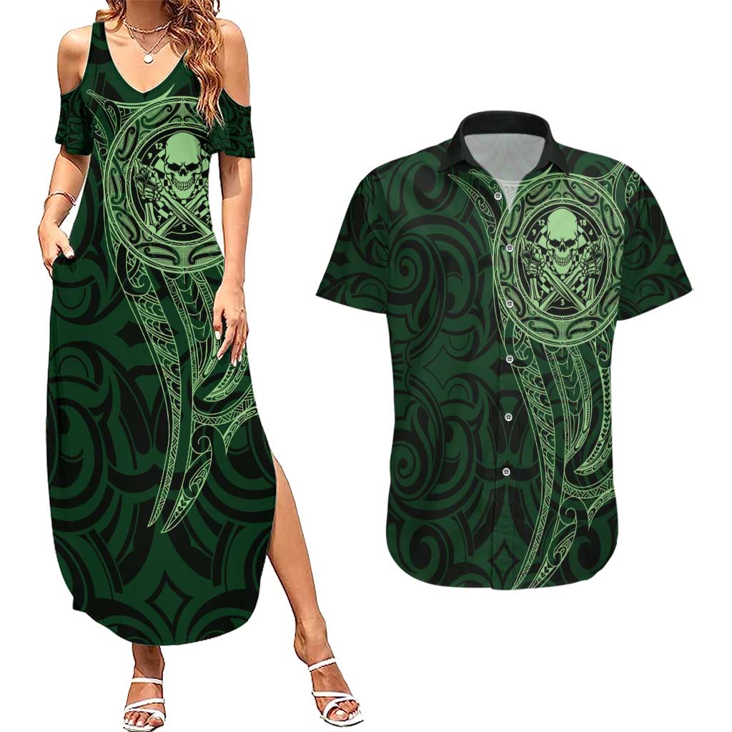 New Zealand Skull Darts Couples Matching Summer Maxi Dress and Hawaiian Shirt Aotearoa Maori Chest Tattoo Stylized Green - Aussie Hoodie