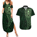New Zealand Skull Darts Couples Matching Summer Maxi Dress and Hawaiian Shirt Aotearoa Maori Chest Tattoo Stylized Green - Aussie Hoodie