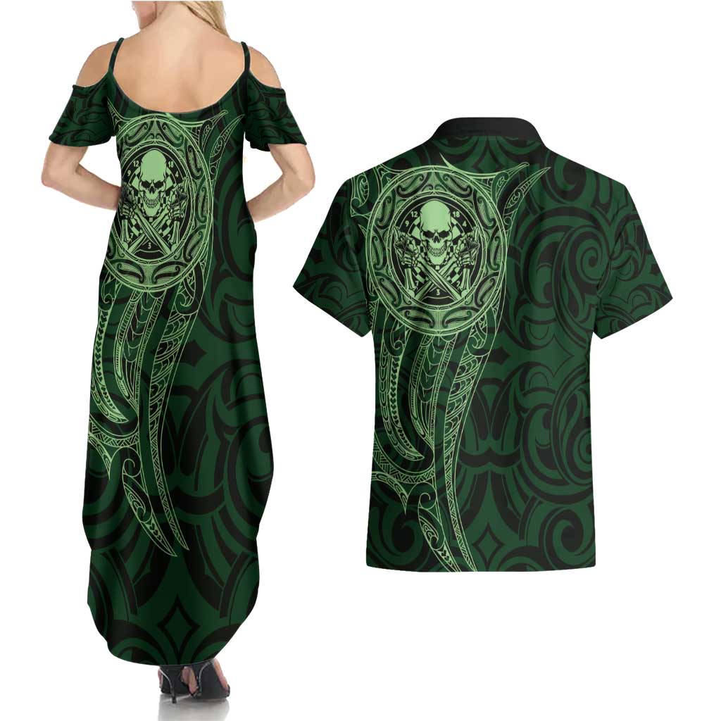 New Zealand Skull Darts Couples Matching Summer Maxi Dress and Hawaiian Shirt Aotearoa Maori Chest Tattoo Stylized Green - Aussie Hoodie