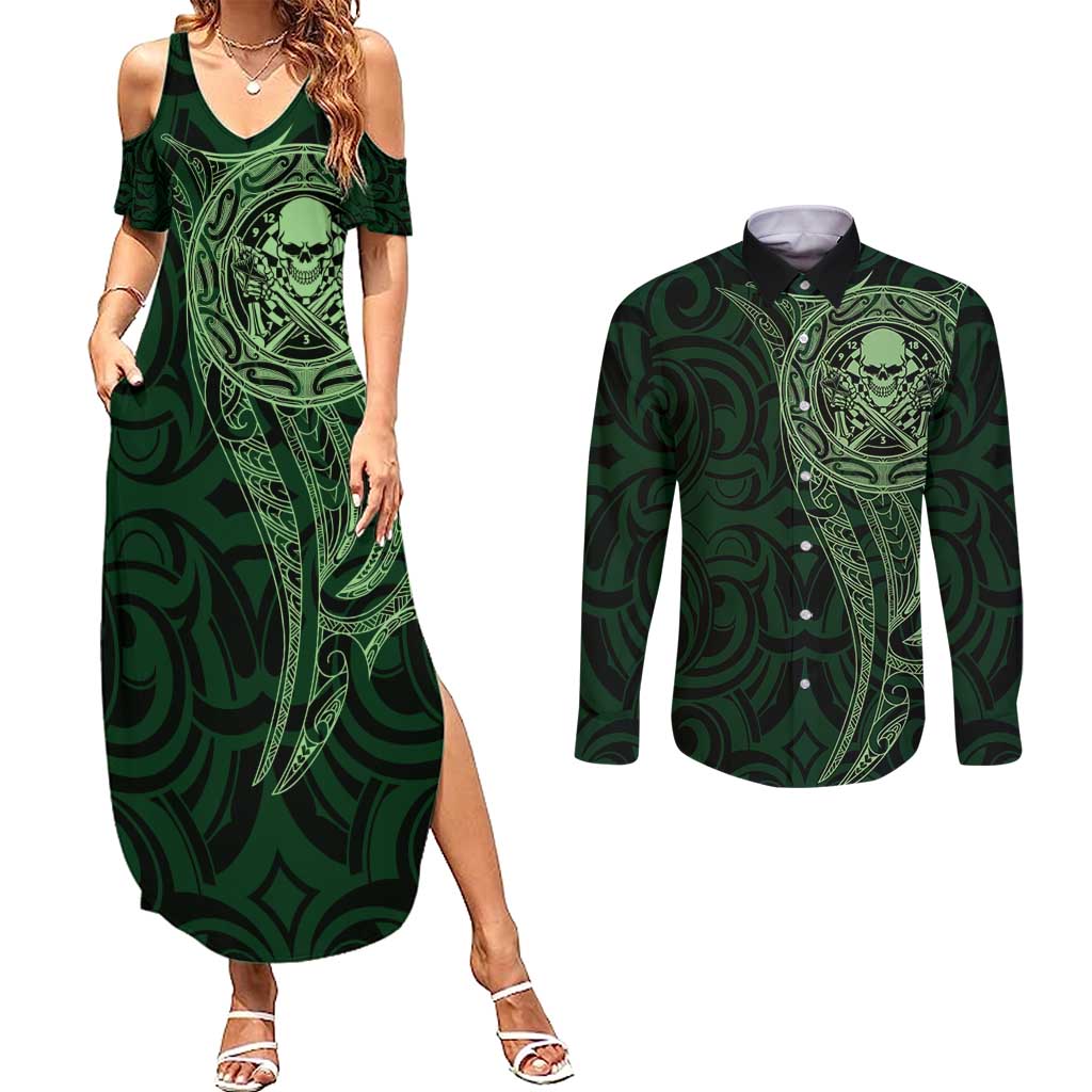 New Zealand Skull Darts Couples Matching Summer Maxi Dress and Long Sleeve Button Shirt Aotearoa Maori Chest Tattoo Stylized Green - Aussie Hoodie