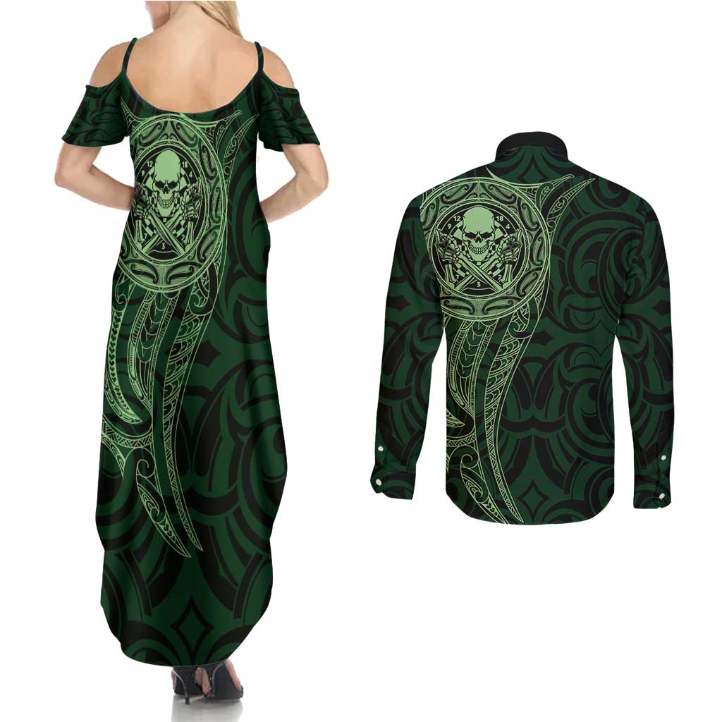 New Zealand Skull Darts Couples Matching Summer Maxi Dress and Long Sleeve Button Shirt Aotearoa Maori Chest Tattoo Stylized Green - Aussie Hoodie