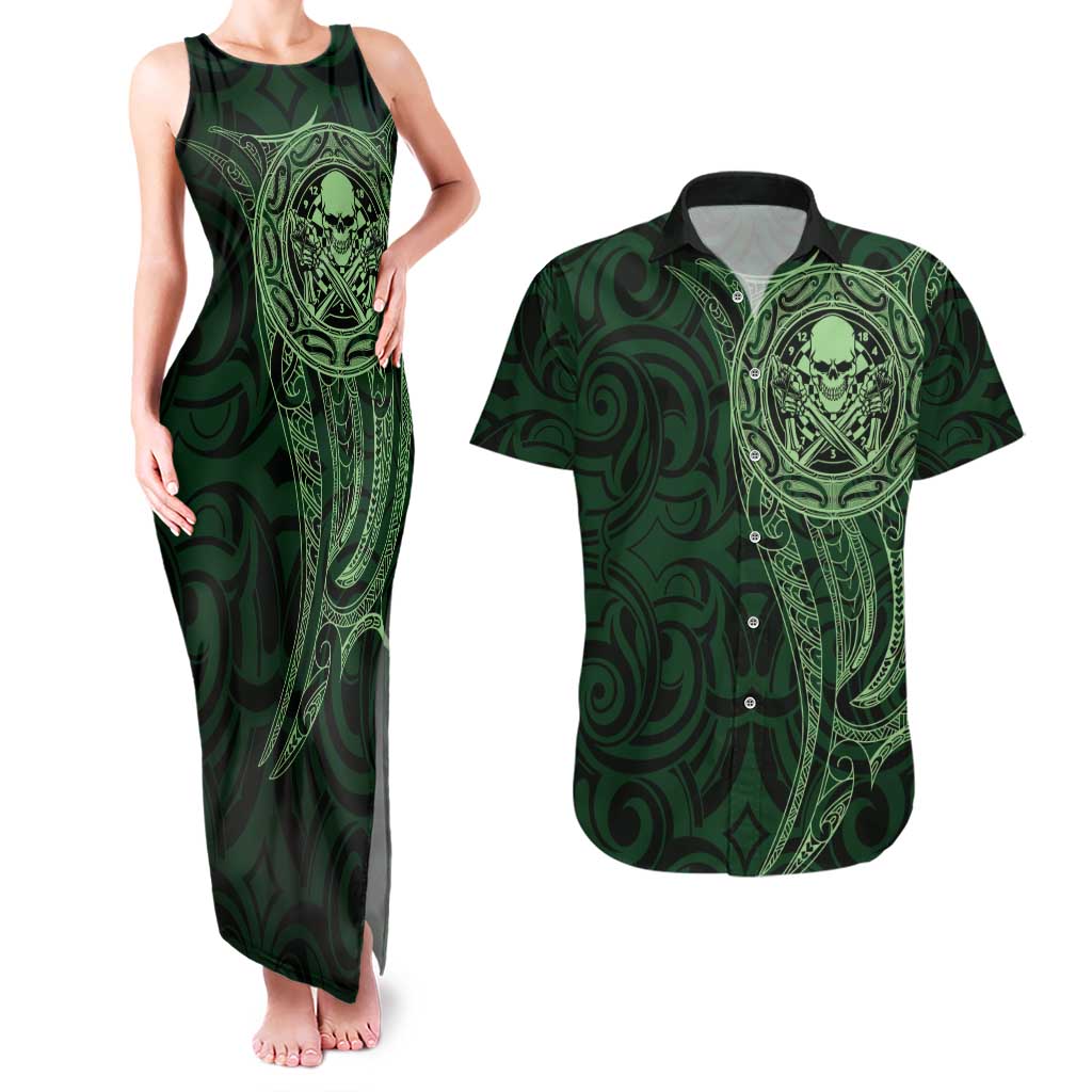 New Zealand Skull Darts Couples Matching Tank Maxi Dress and Hawaiian Shirt Aotearoa Maori Chest Tattoo Stylized Green - Aussie Hoodie
