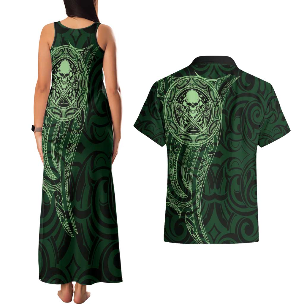 New Zealand Skull Darts Couples Matching Tank Maxi Dress and Hawaiian Shirt Aotearoa Maori Chest Tattoo Stylized Green - Aussie Hoodie
