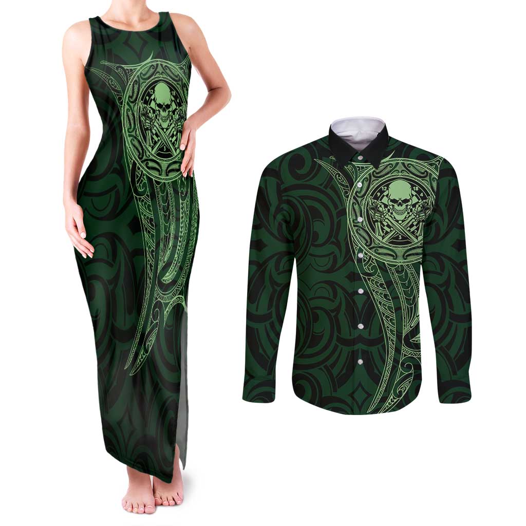 New Zealand Skull Darts Couples Matching Tank Maxi Dress and Long Sleeve Button Shirt Aotearoa Maori Chest Tattoo Stylized Green - Aussie Hoodie