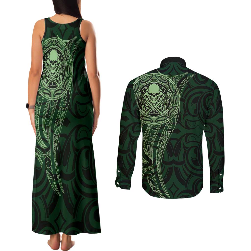 New Zealand Skull Darts Couples Matching Tank Maxi Dress and Long Sleeve Button Shirt Aotearoa Maori Chest Tattoo Stylized Green - Aussie Hoodie