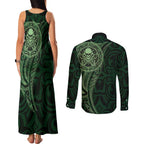 New Zealand Skull Darts Couples Matching Tank Maxi Dress and Long Sleeve Button Shirt Aotearoa Maori Chest Tattoo Stylized Green - Aussie Hoodie