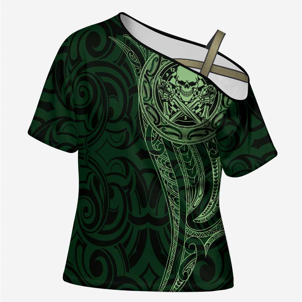 New Zealand Skull Darts Cross Shoulder Shirt Aotearoa Maori Chest Tattoo Stylized Green - Aussie Hoodie