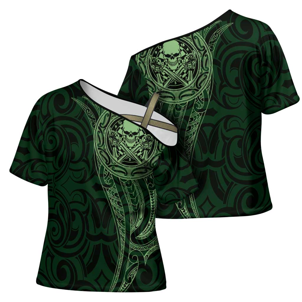 New Zealand Skull Darts Cross Shoulder Shirt Aotearoa Maori Chest Tattoo Stylized Green - Aussie Hoodie