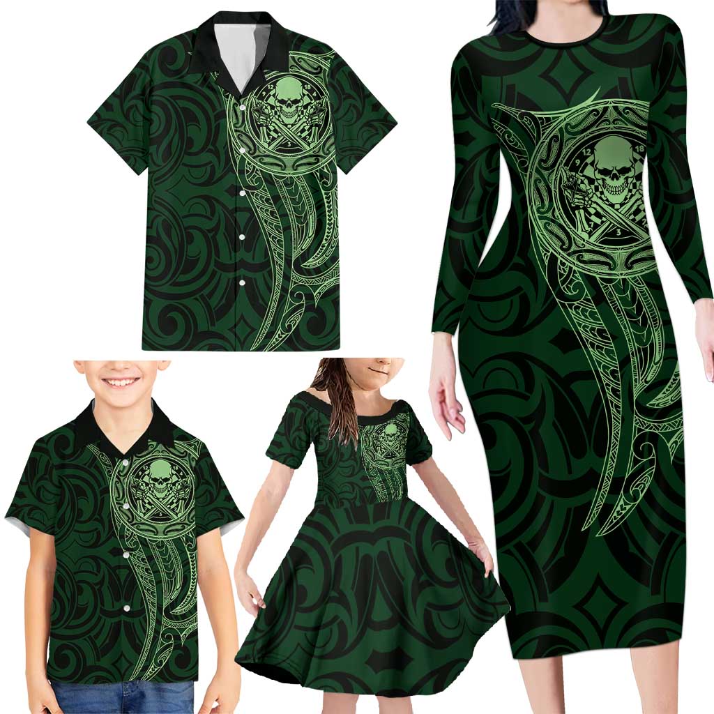 New Zealand Skull Darts Family Matching Long Sleeve Bodycon Dress and Hawaiian Shirt Aotearoa Maori Chest Tattoo Stylized Green - Aussie Hoodie