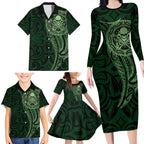 New Zealand Skull Darts Family Matching Long Sleeve Bodycon Dress and Hawaiian Shirt Aotearoa Maori Chest Tattoo Stylized Green - Aussie Hoodie