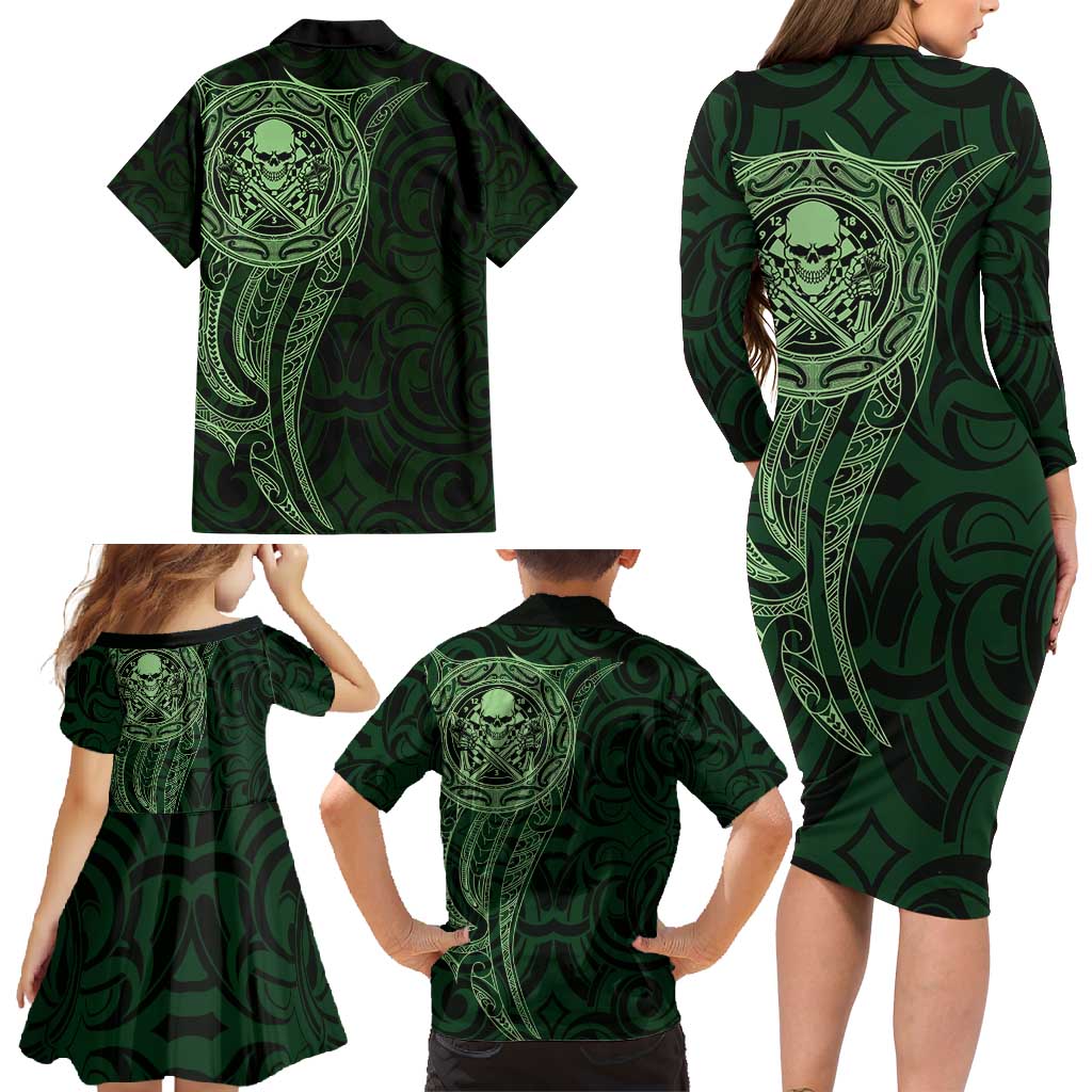 New Zealand Skull Darts Family Matching Long Sleeve Bodycon Dress and Hawaiian Shirt Aotearoa Maori Chest Tattoo Stylized Green - Aussie Hoodie