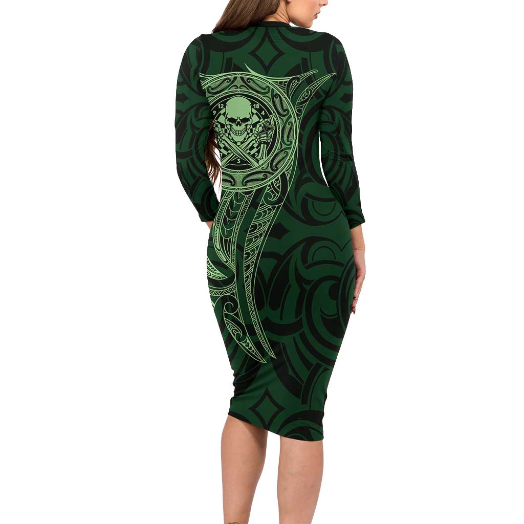 New Zealand Skull Darts Family Matching Long Sleeve Bodycon Dress and Hawaiian Shirt Aotearoa Maori Chest Tattoo Stylized Green - Aussie Hoodie