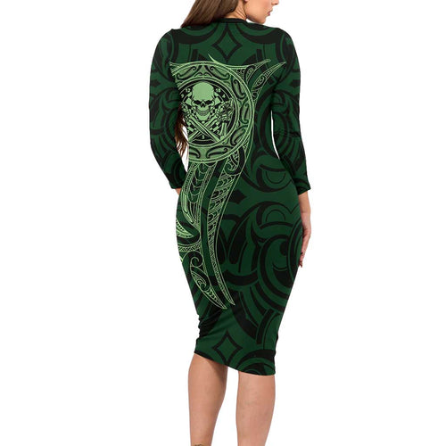 New Zealand Skull Darts Family Matching Long Sleeve Bodycon Dress and Hawaiian Shirt Aotearoa Maori Chest Tattoo Stylized Green - Aussie Hoodie