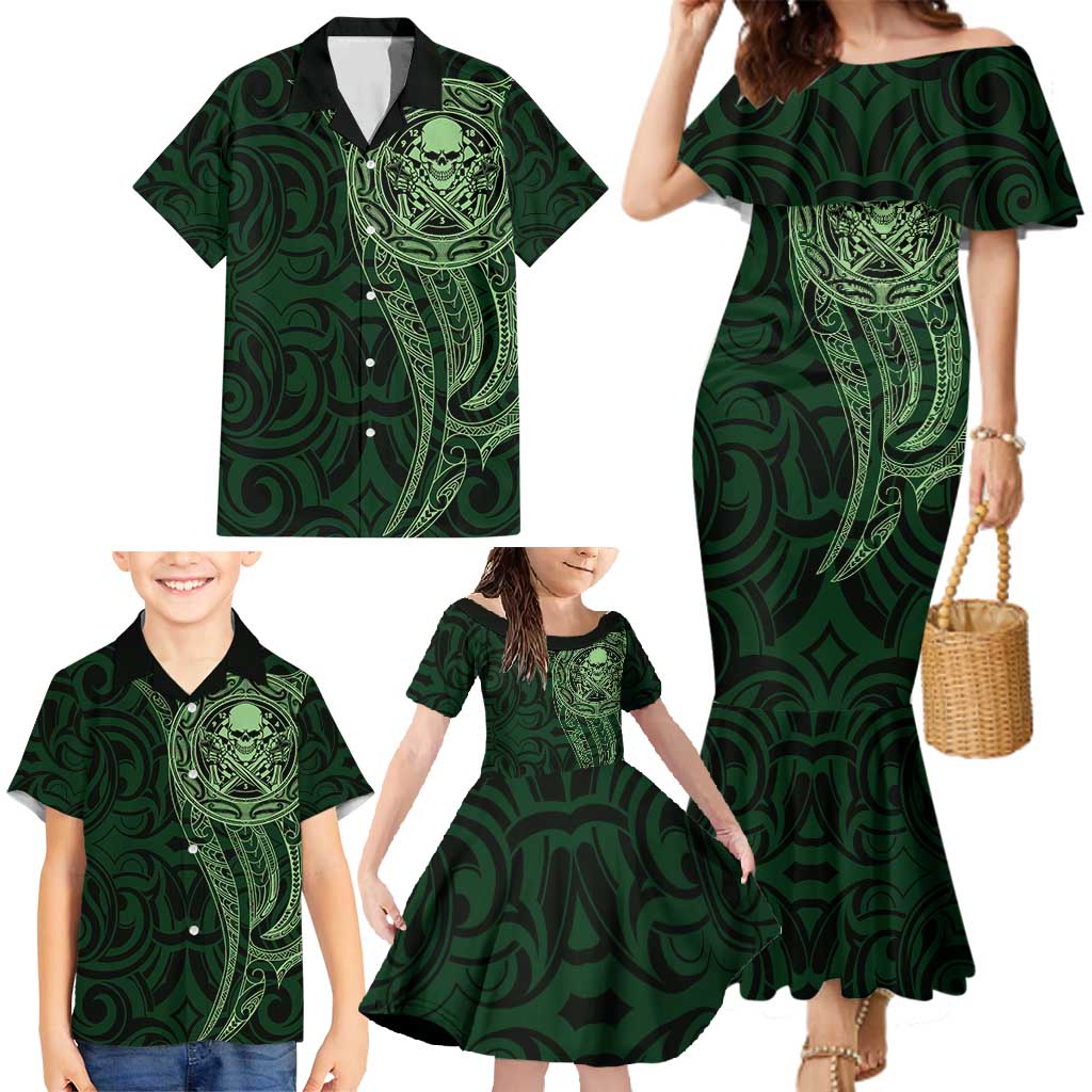 New Zealand Skull Darts Family Matching Mermaid Dress and Hawaiian Shirt Aotearoa Maori Chest Tattoo Stylized Green - Aussie Hoodie