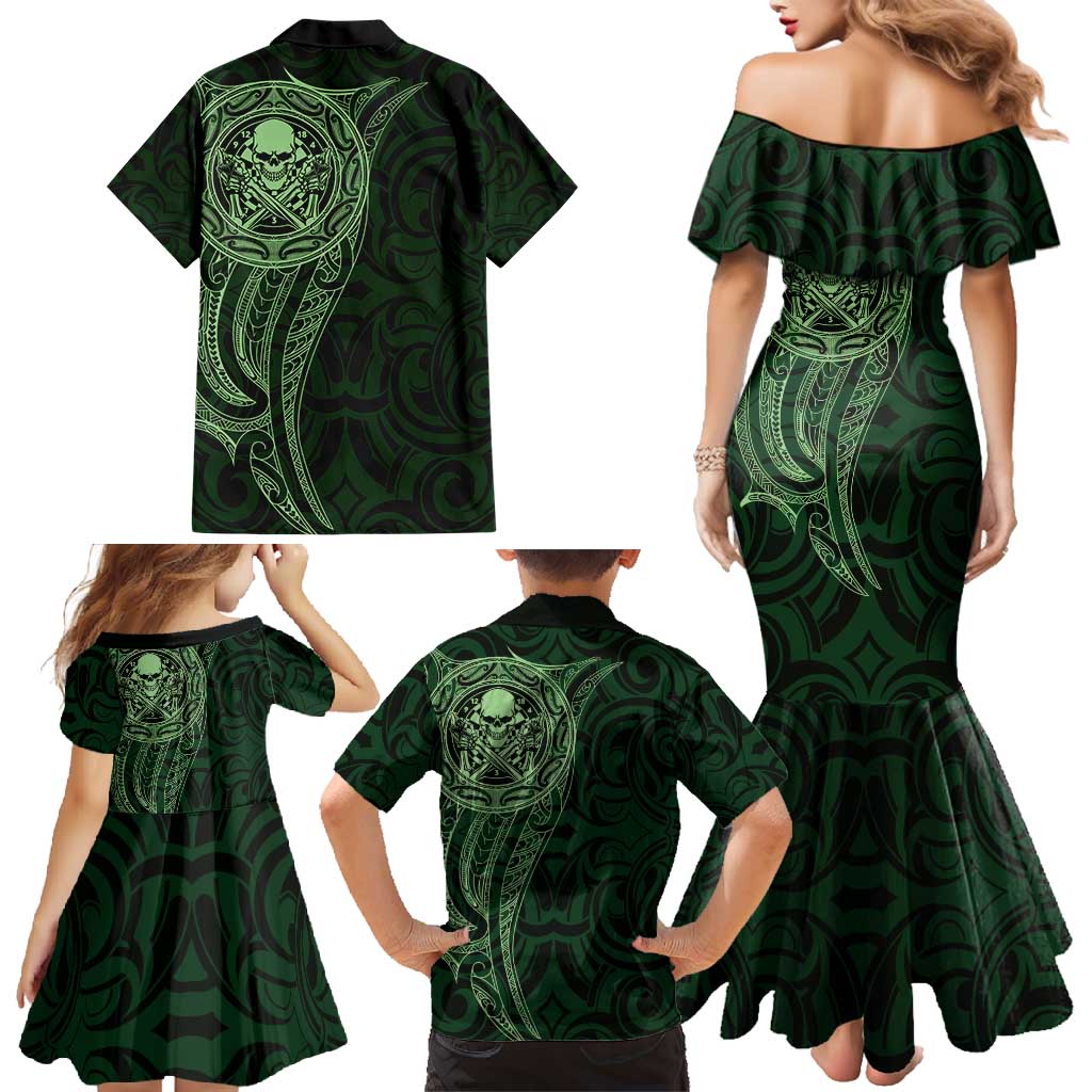 New Zealand Skull Darts Family Matching Mermaid Dress and Hawaiian Shirt Aotearoa Maori Chest Tattoo Stylized Green - Aussie Hoodie