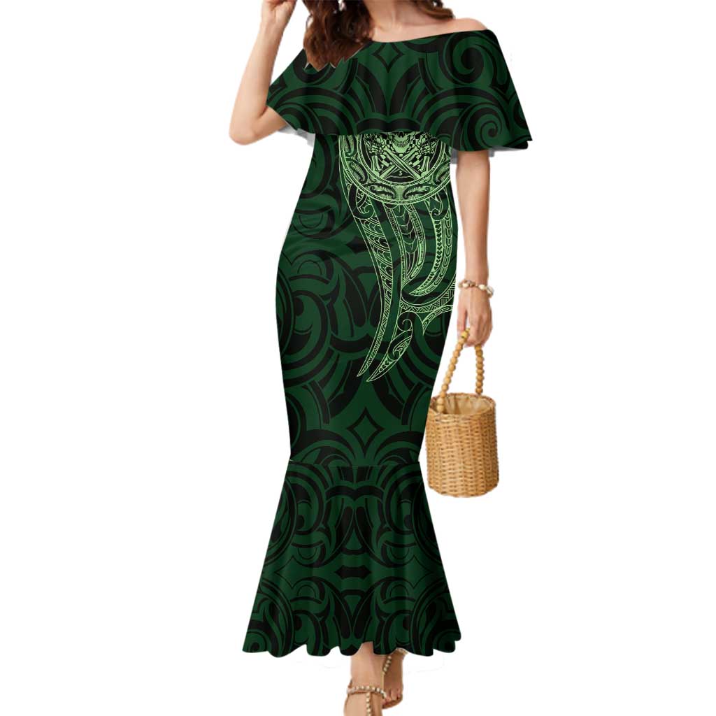 New Zealand Skull Darts Family Matching Mermaid Dress and Hawaiian Shirt Aotearoa Maori Chest Tattoo Stylized Green - Aussie Hoodie