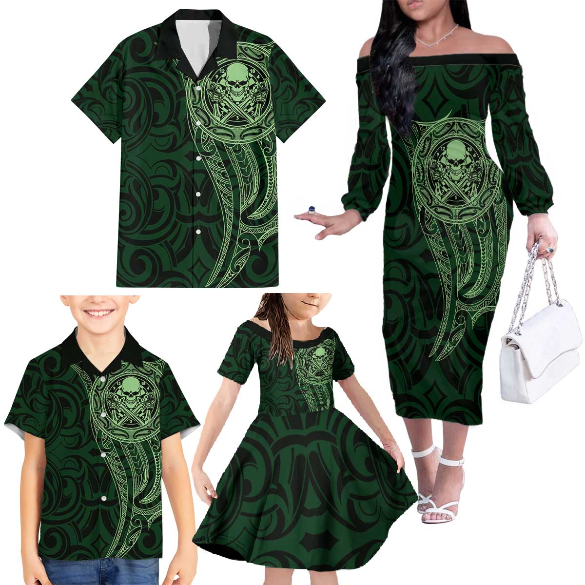 New Zealand Skull Darts Family Matching Off The Shoulder Long Sleeve Dress and Hawaiian Shirt Aotearoa Maori Chest Tattoo Stylized Green - Aussie Hoodie