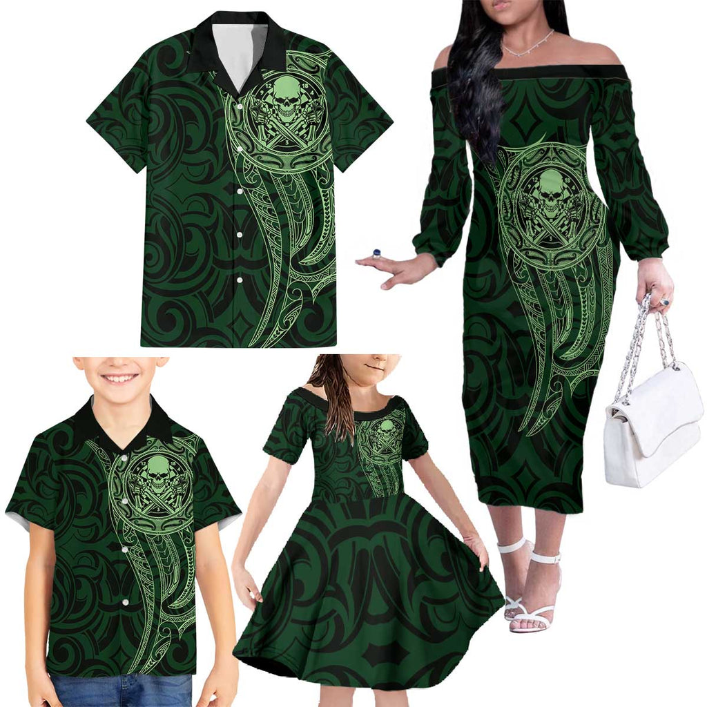 New Zealand Skull Darts Family Matching Off The Shoulder Long Sleeve Dress and Hawaiian Shirt Aotearoa Maori Chest Tattoo Stylized Green - Aussie Hoodie