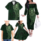 New Zealand Skull Darts Family Matching Off The Shoulder Long Sleeve Dress and Hawaiian Shirt Aotearoa Maori Chest Tattoo Stylized Green - Aussie Hoodie