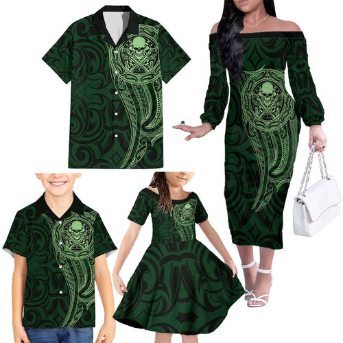 New Zealand Skull Darts Family Matching Off The Shoulder Long Sleeve Dress and Hawaiian Shirt Aotearoa Maori Chest Tattoo Stylized Green - Aussie Hoodie