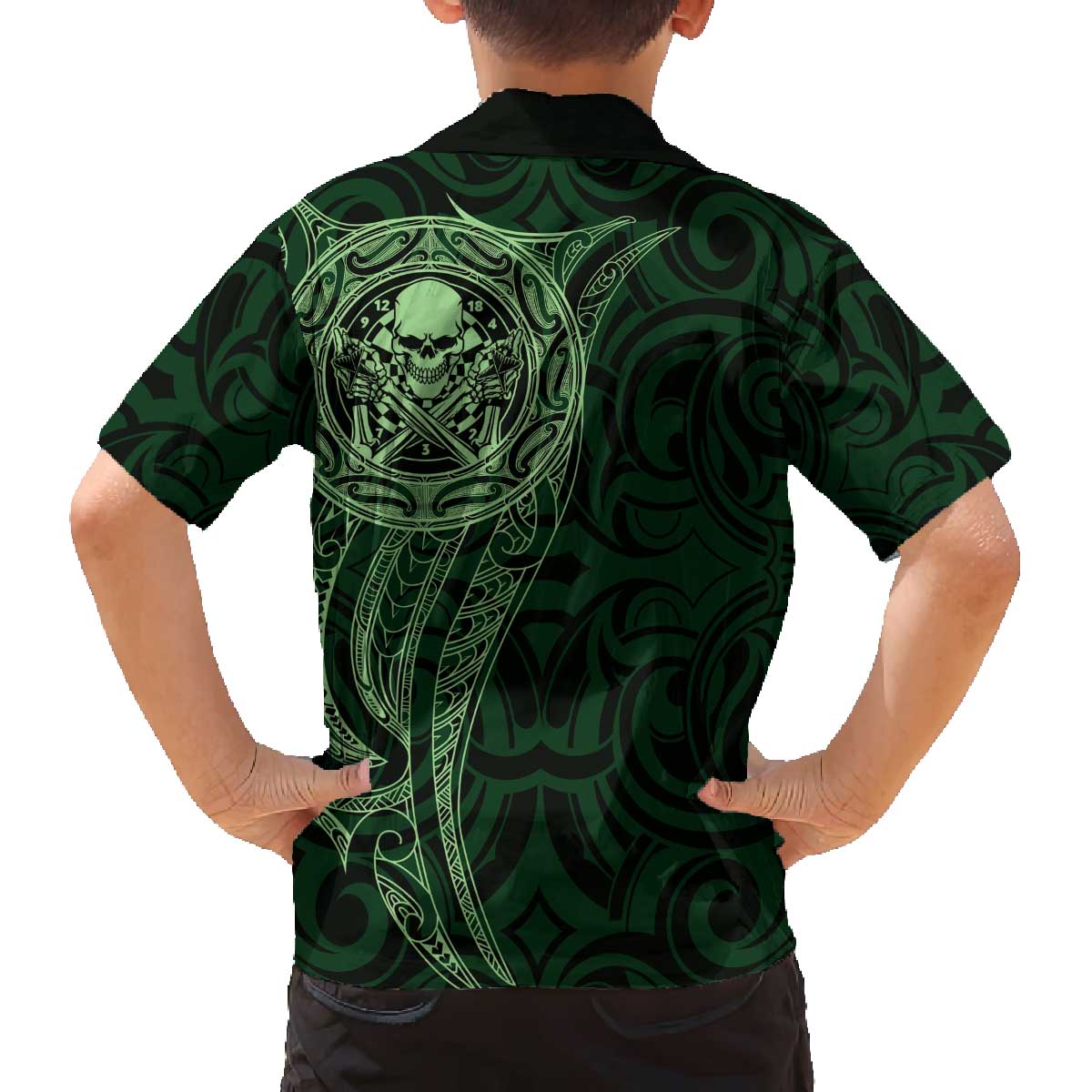 New Zealand Skull Darts Family Matching Off The Shoulder Long Sleeve Dress and Hawaiian Shirt Aotearoa Maori Chest Tattoo Stylized Green - Aussie Hoodie