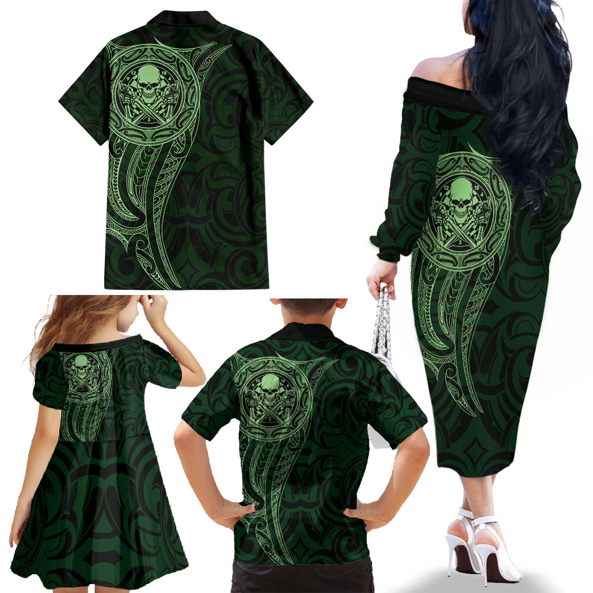 New Zealand Skull Darts Family Matching Off The Shoulder Long Sleeve Dress and Hawaiian Shirt Aotearoa Maori Chest Tattoo Stylized Green - Aussie Hoodie