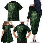 New Zealand Skull Darts Family Matching Off The Shoulder Long Sleeve Dress and Hawaiian Shirt Aotearoa Maori Chest Tattoo Stylized Green - Aussie Hoodie