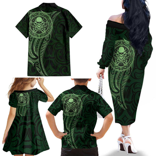 New Zealand Skull Darts Family Matching Off The Shoulder Long Sleeve Dress and Hawaiian Shirt Aotearoa Maori Chest Tattoo Stylized Green - Aussie Hoodie