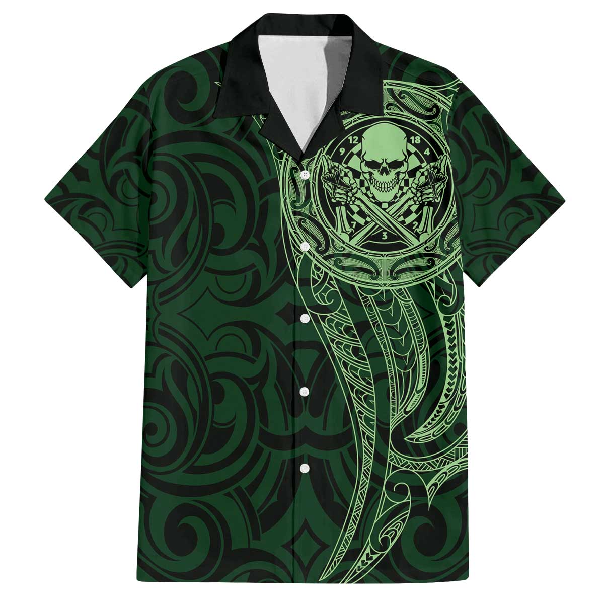 New Zealand Skull Darts Family Matching Off The Shoulder Long Sleeve Dress and Hawaiian Shirt Aotearoa Maori Chest Tattoo Stylized Green - Aussie Hoodie