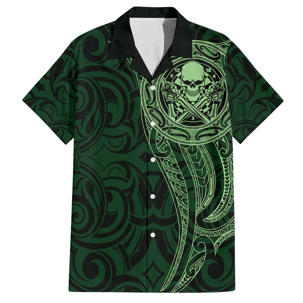New Zealand Skull Darts Family Matching Off The Shoulder Long Sleeve Dress and Hawaiian Shirt Aotearoa Maori Chest Tattoo Stylized Green - Aussie Hoodie