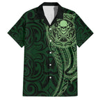 New Zealand Skull Darts Family Matching Off The Shoulder Long Sleeve Dress and Hawaiian Shirt Aotearoa Maori Chest Tattoo Stylized Green - Aussie Hoodie
