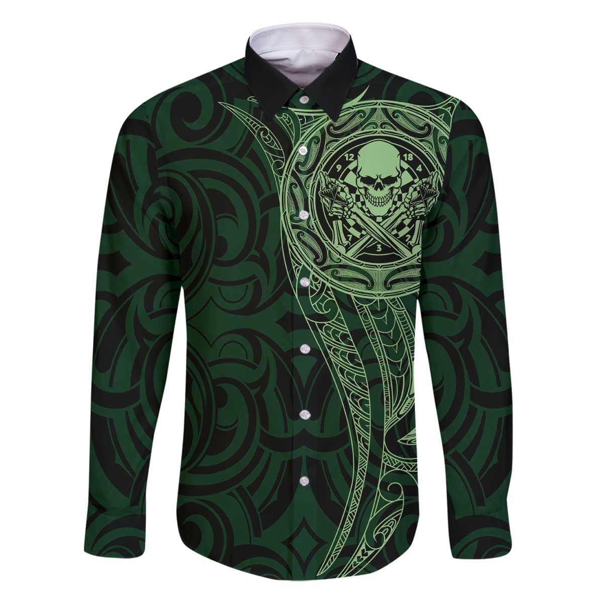 New Zealand Skull Darts Family Matching Off The Shoulder Long Sleeve Dress and Hawaiian Shirt Aotearoa Maori Chest Tattoo Stylized Green - Aussie Hoodie