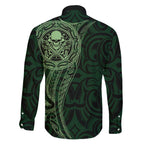 New Zealand Skull Darts Family Matching Off The Shoulder Long Sleeve Dress and Hawaiian Shirt Aotearoa Maori Chest Tattoo Stylized Green - Aussie Hoodie