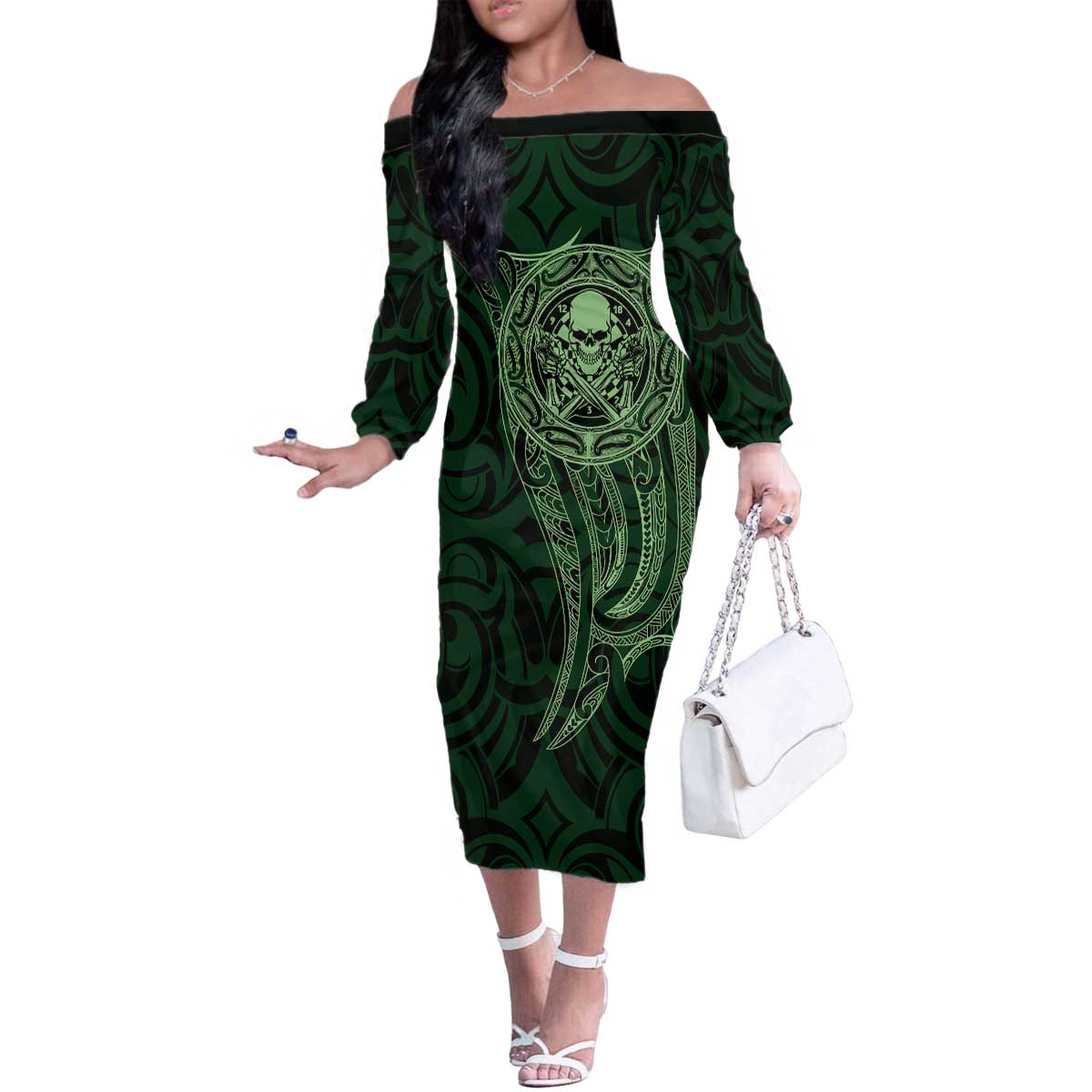 New Zealand Skull Darts Family Matching Off The Shoulder Long Sleeve Dress and Hawaiian Shirt Aotearoa Maori Chest Tattoo Stylized Green - Aussie Hoodie