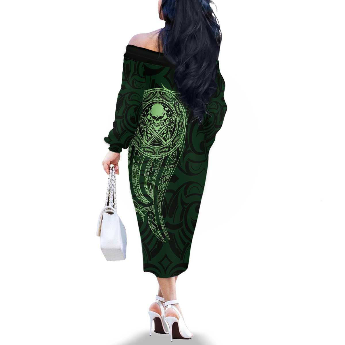 New Zealand Skull Darts Family Matching Off The Shoulder Long Sleeve Dress and Hawaiian Shirt Aotearoa Maori Chest Tattoo Stylized Green - Aussie Hoodie